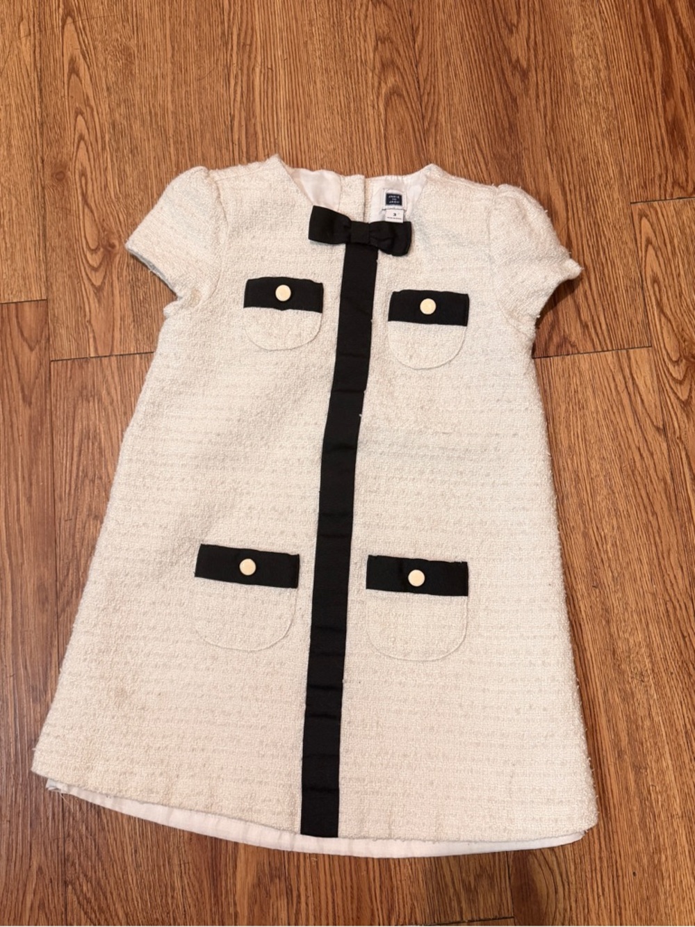 Janie and Jack Cream Bouclé Dress with Black Trim and Bow Accent